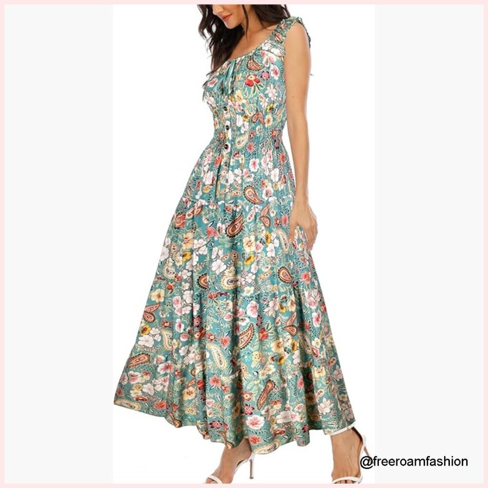 Sleeveless Maxi Dress with Floral Print, Scoop Neck, A-Line Silhouette